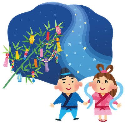 七夕のイラスト：短冊のついた笹と天の川をバックに織姫と彦星のイラスト