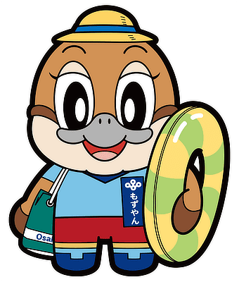 「もずやん」イラスト：プールの用意をして浮き輪を抱えるもずやん