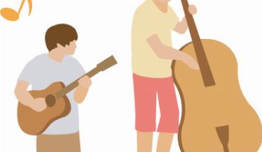 ギターとウッドベースを弾いてる人たちのイラスト