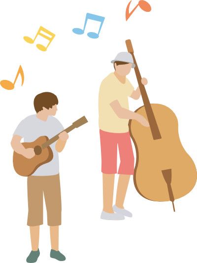 ギターとウッドベースを弾いてる人たちのイラスト